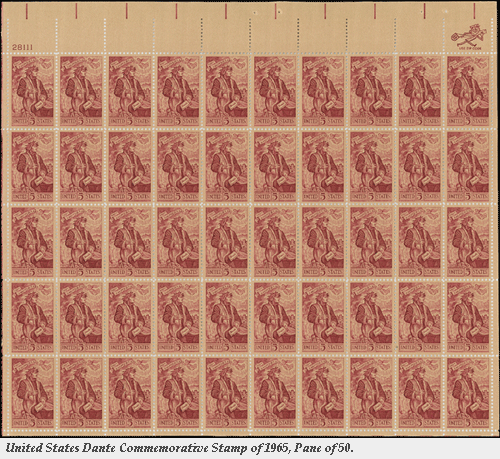 United States Dante Commemorative Postage Stamp of 1965, Pane of 50
